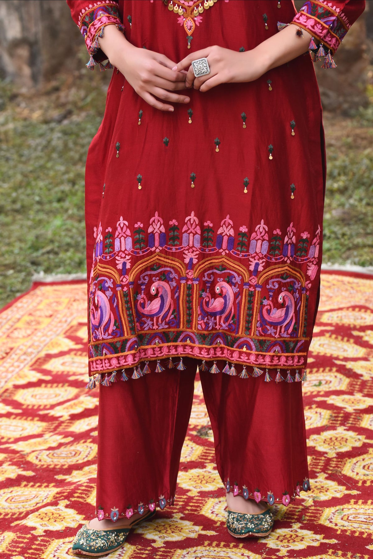 Deep Red Chanderi Kurta Set With Aari Work, Chanderi Pants With Organza Dupatta