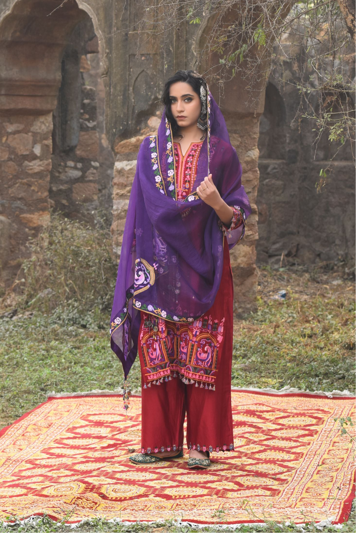 Deep Red Chanderi Kurta Set With Aari Work, Chanderi Pants With Organza Dupatta