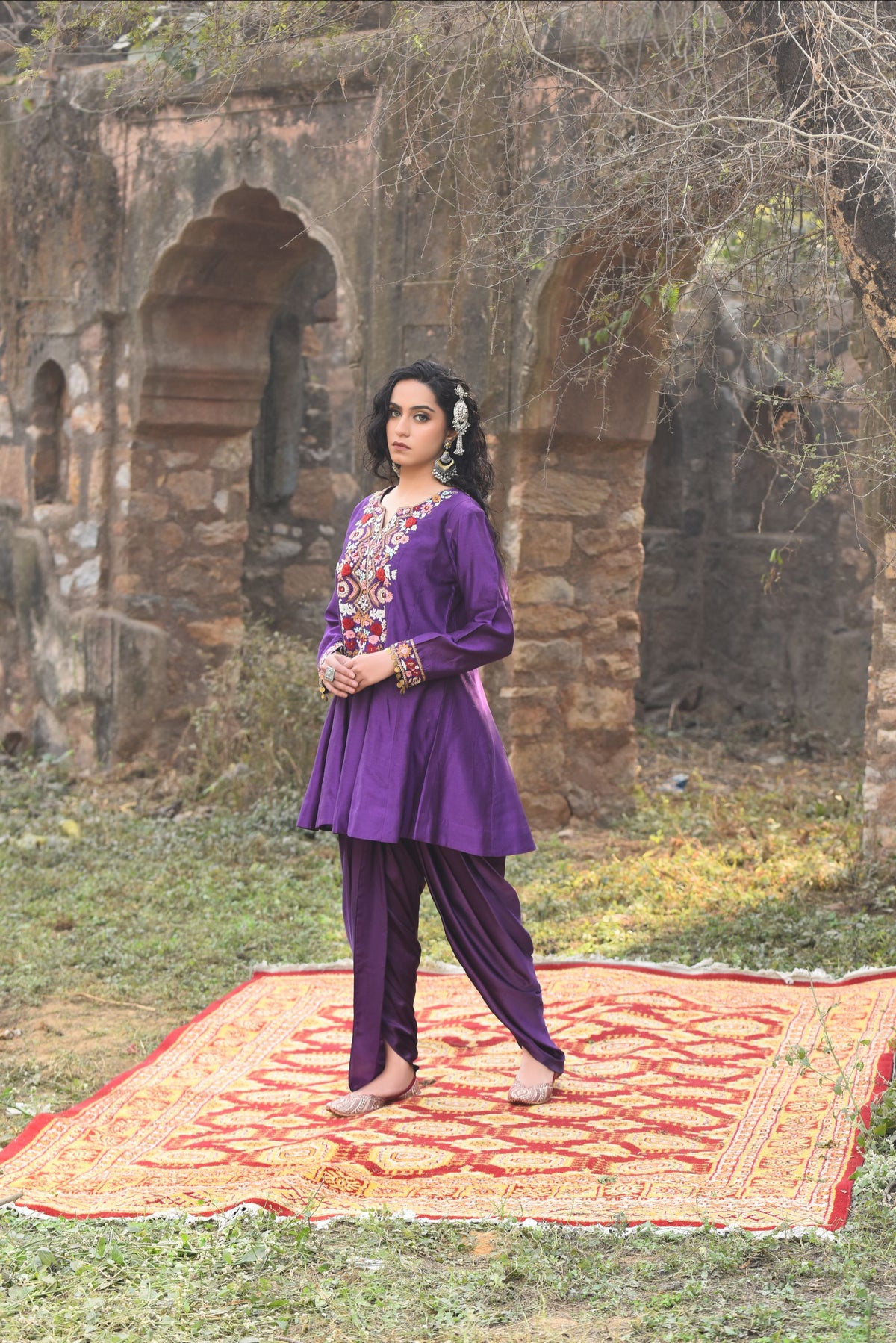 Purple A-Line Short Kurta With Bamber Satin Tulip Dhoti