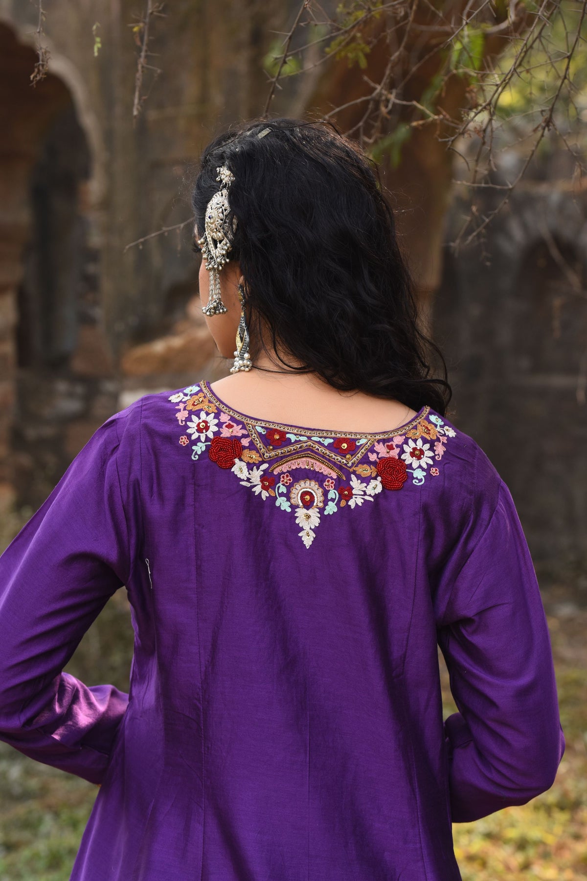 Purple A-Line Short Kurta With Bamber Satin Tulip Dhoti