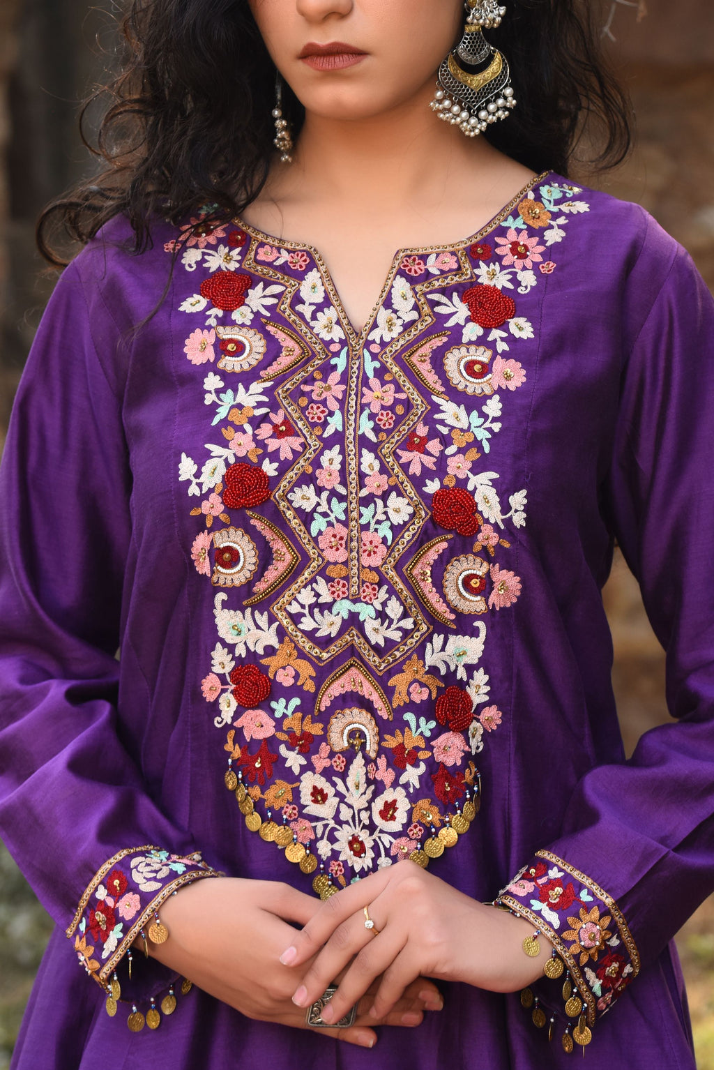 Purple A-Line Short Kurta With Bamber Satin Tulip Dhoti