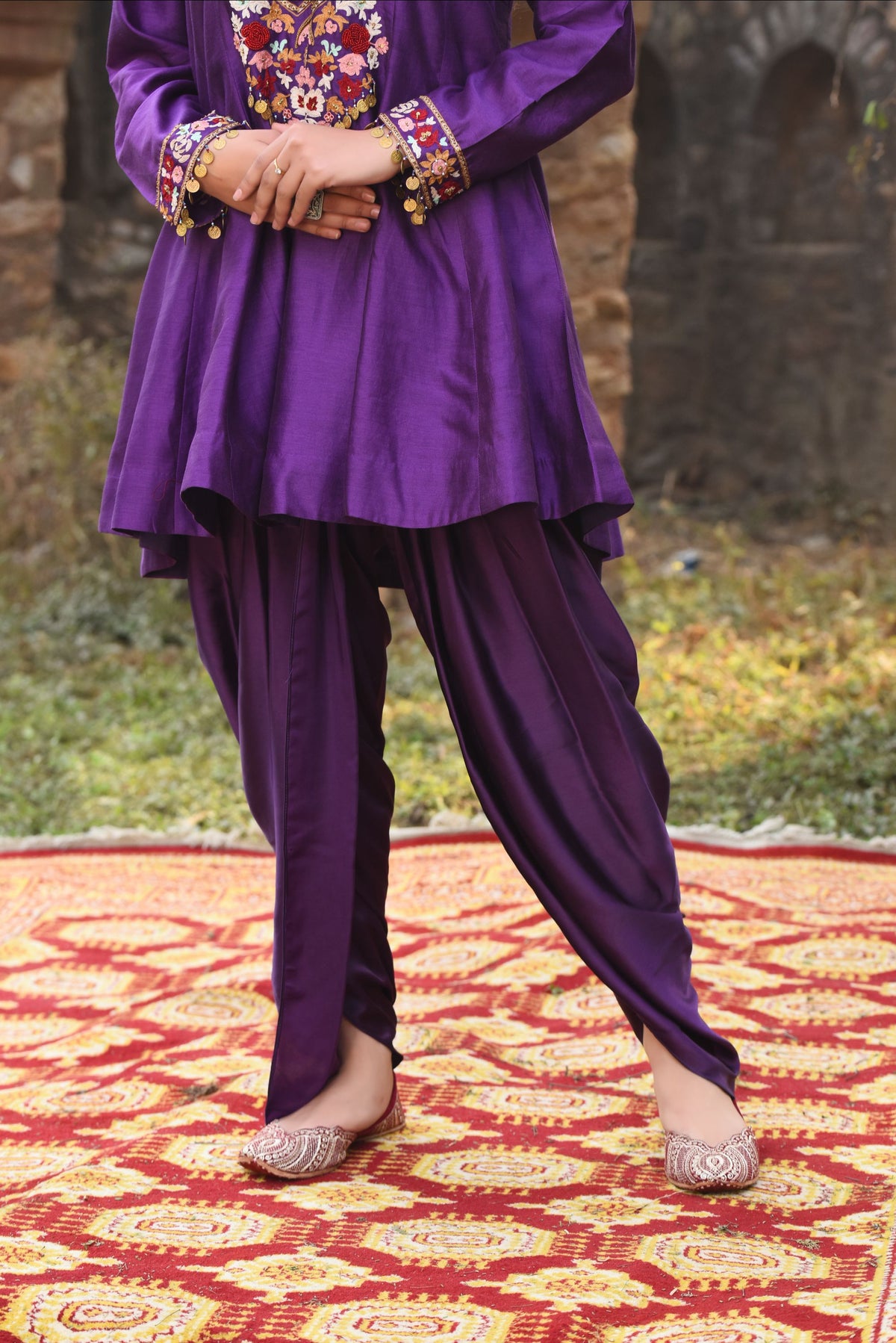Purple A-Line Short Kurta With Bamber Satin Tulip Dhoti
