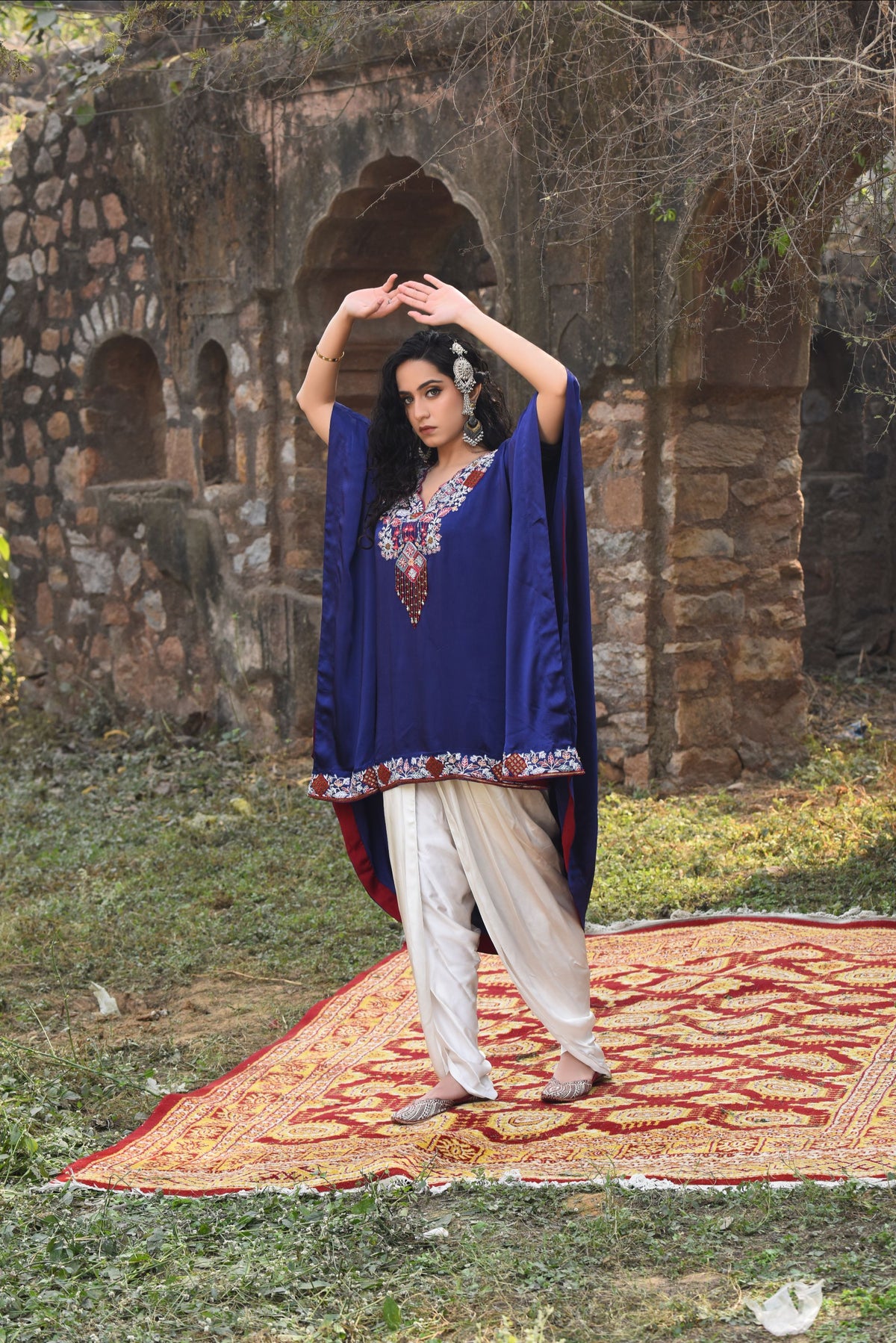 Blue Kaftan Set With Bamber Dhoti