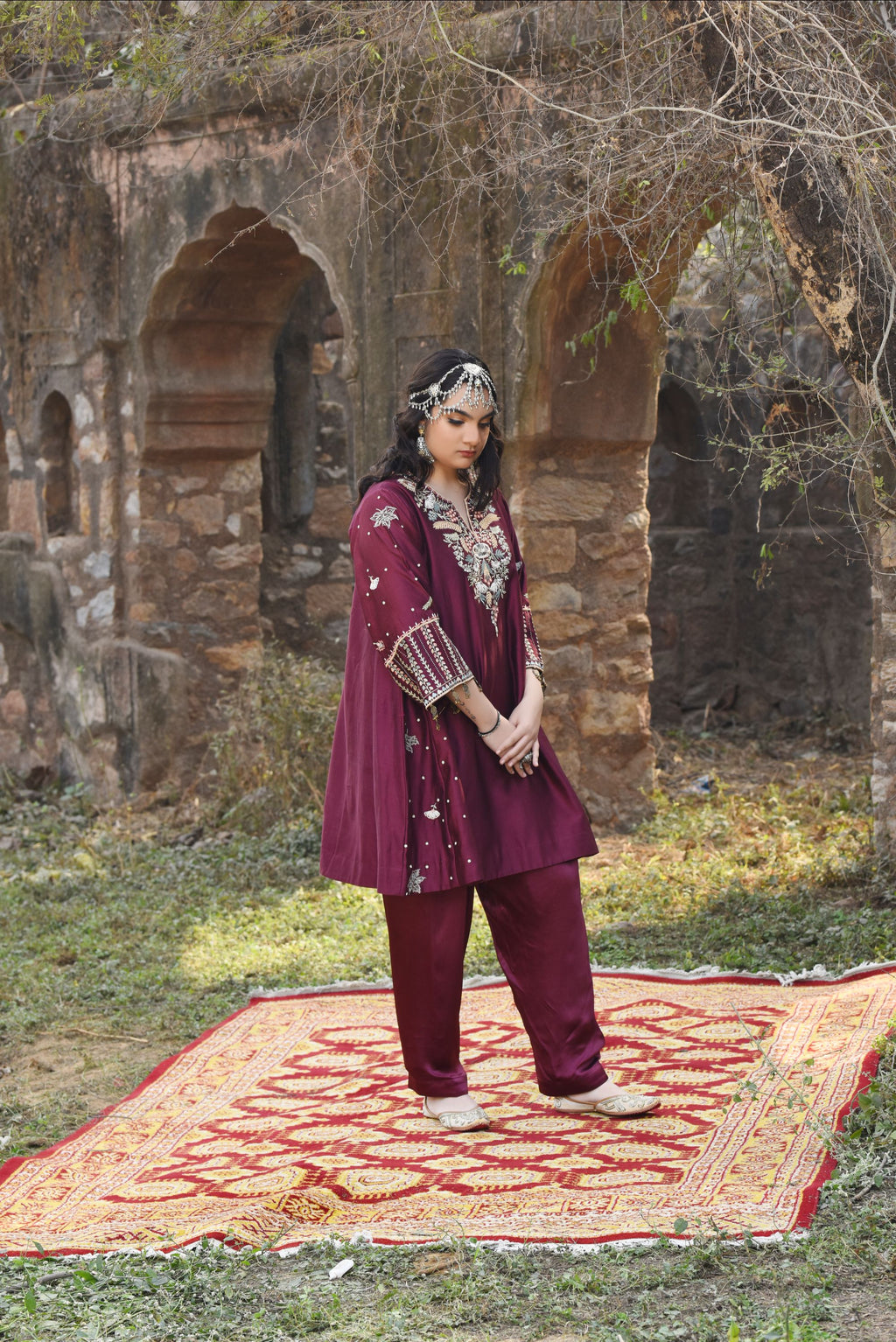 Plum Chanderi Choga Set With Aari Work With Bamber Salwar