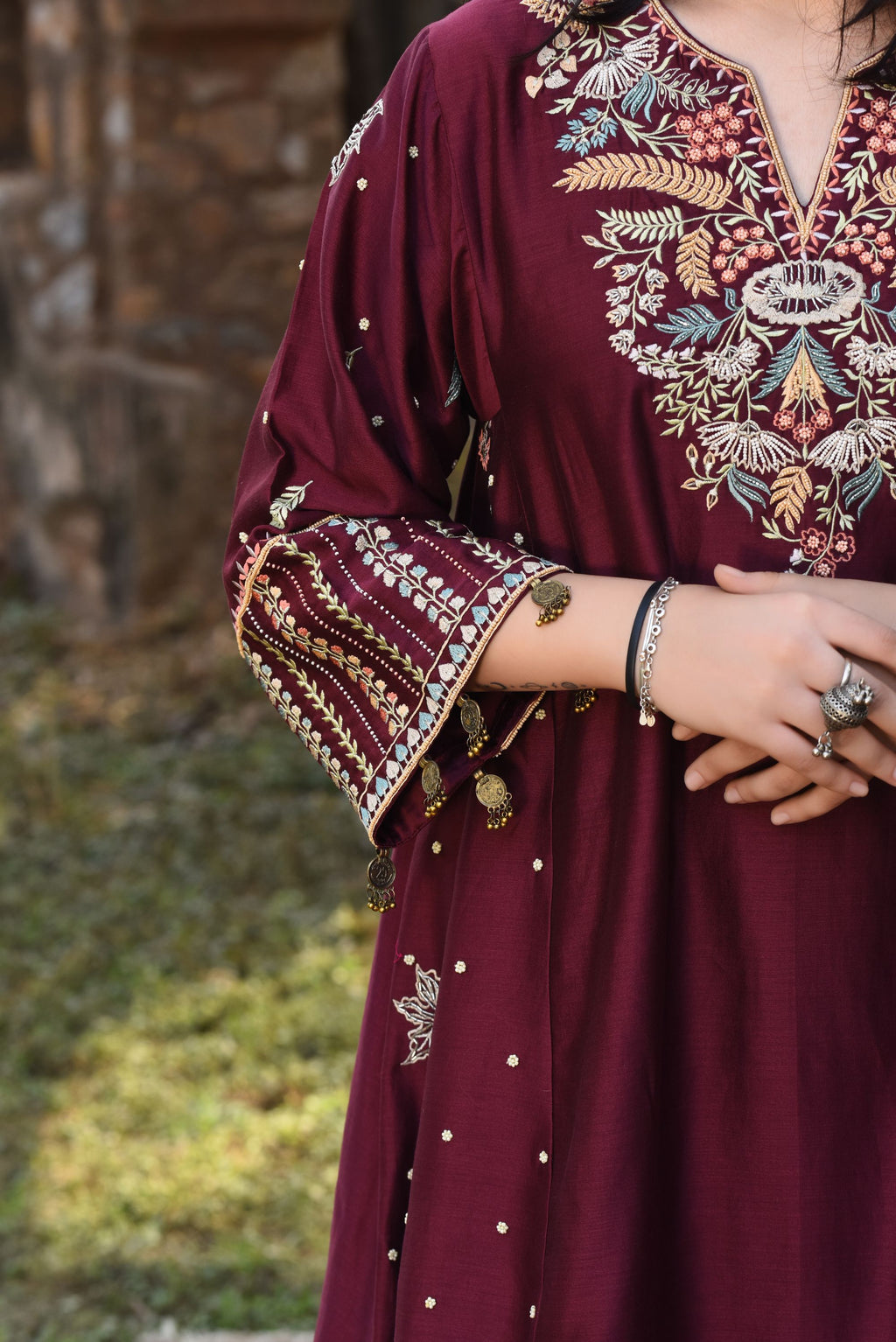 Plum Chanderi Choga Set With Aari Work With Bamber Salwar