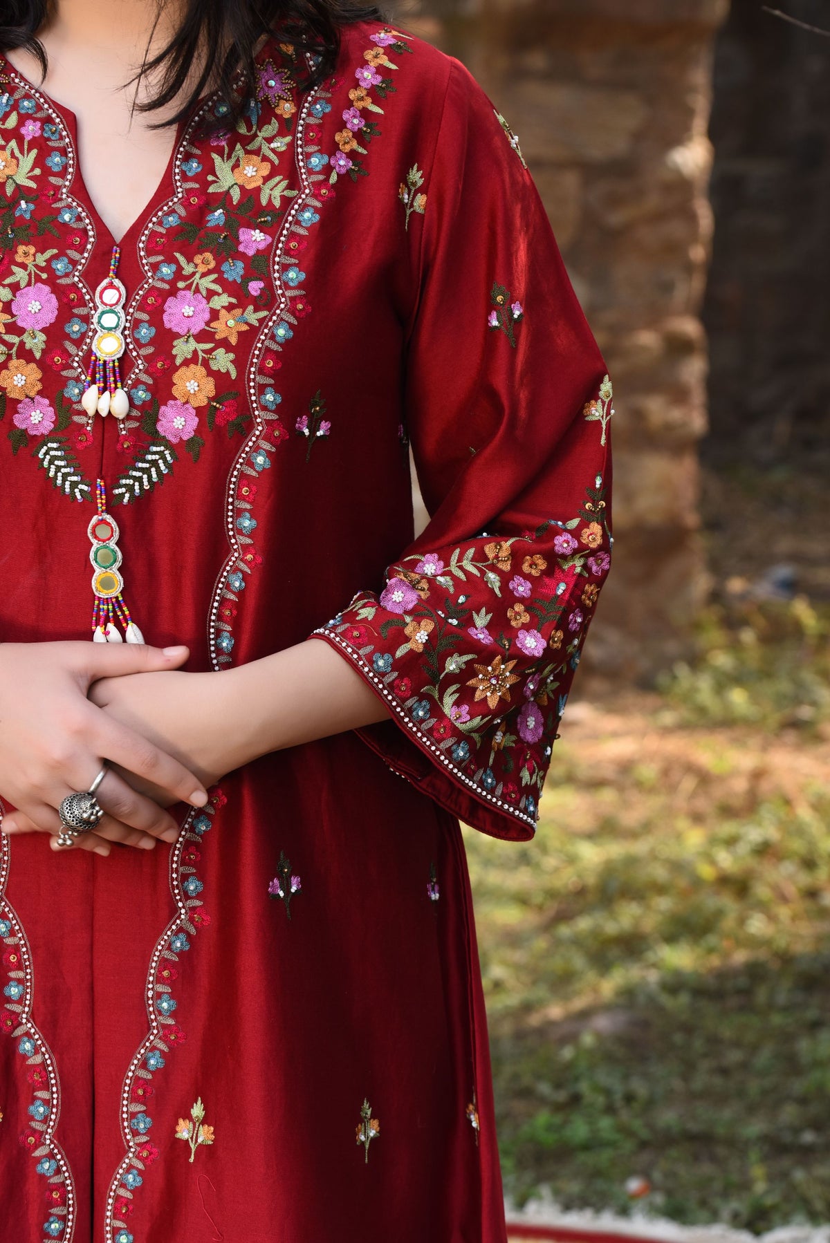 Front Slit Jacket With Aari Work And Bamber Satin Dhoti