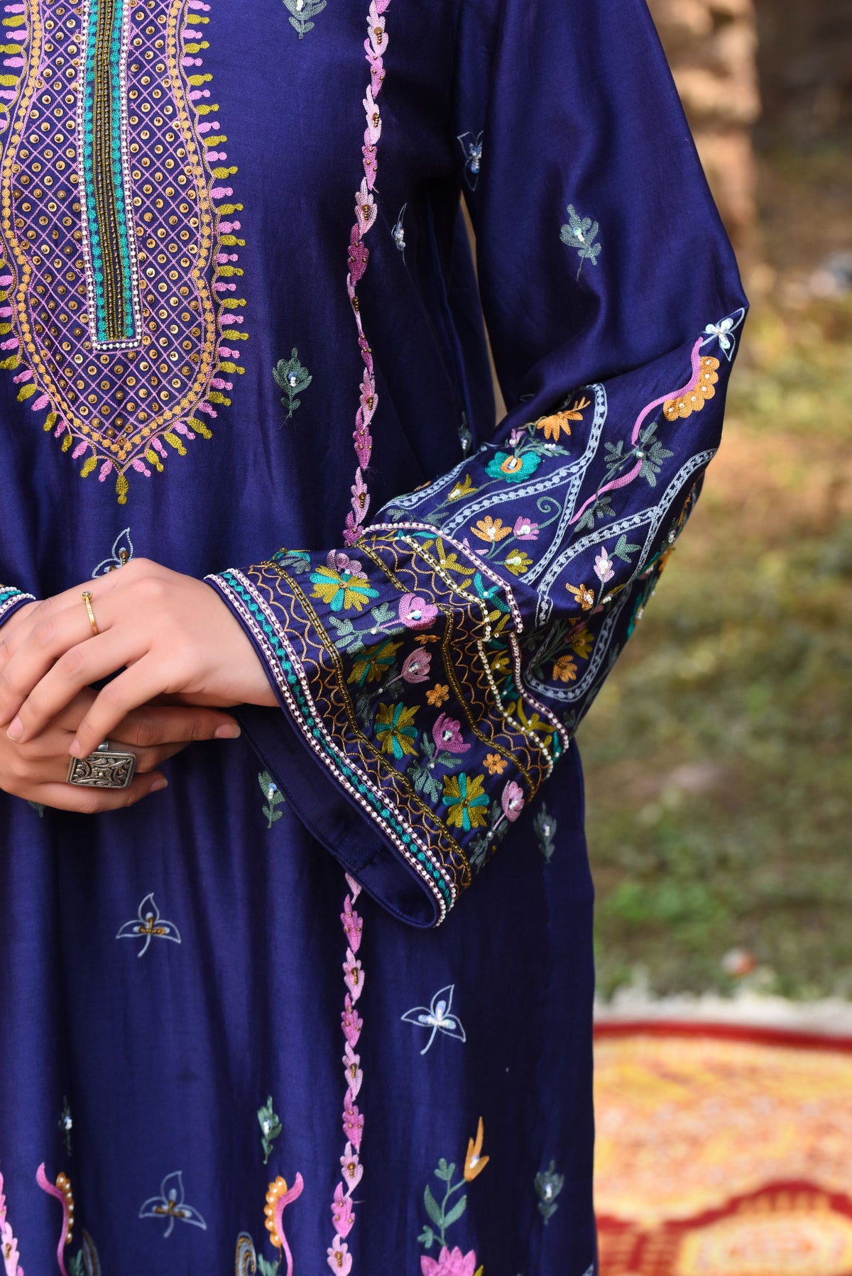 Ink Blue Chanderi Kurta Set With Aari Work, Bamber Tulip Pants With Organza Dupatta