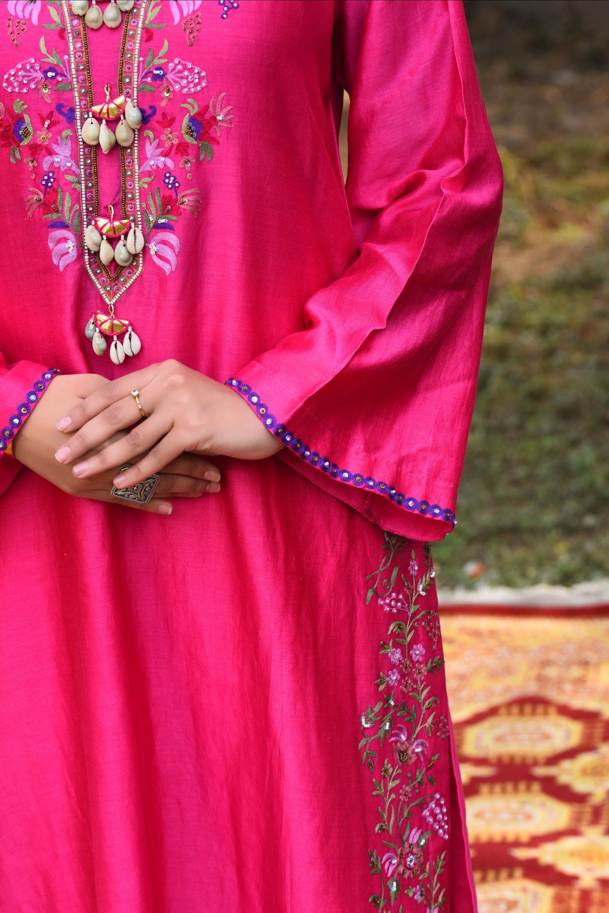 Pink Chanderi Kurta Set With Aari Work With Bamber Pants