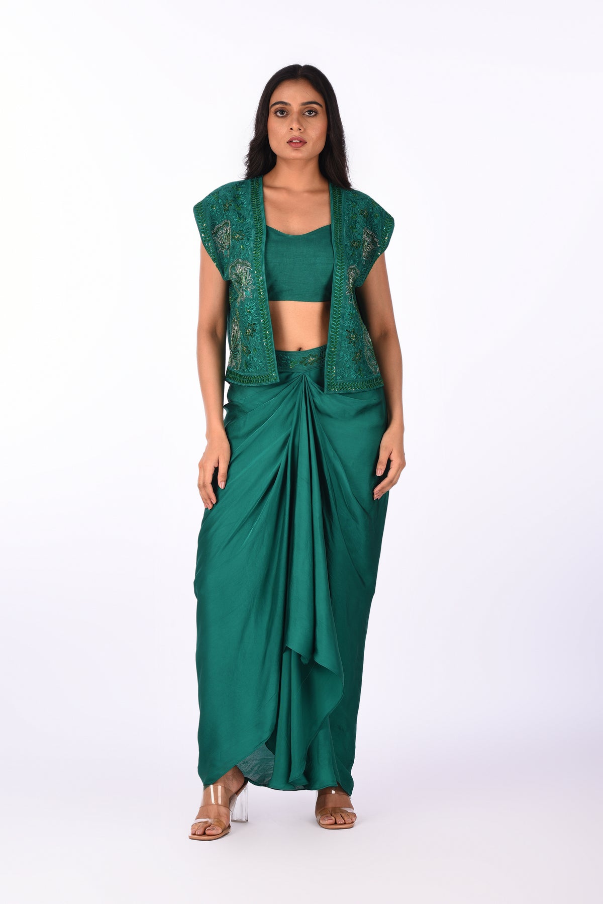 Emerald Draped Saree Set with Embroidered Jacket