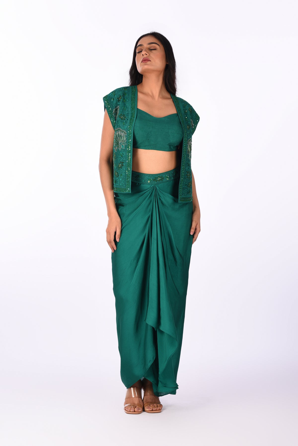 Emerald Draped Saree Set with Embroidered Jacket