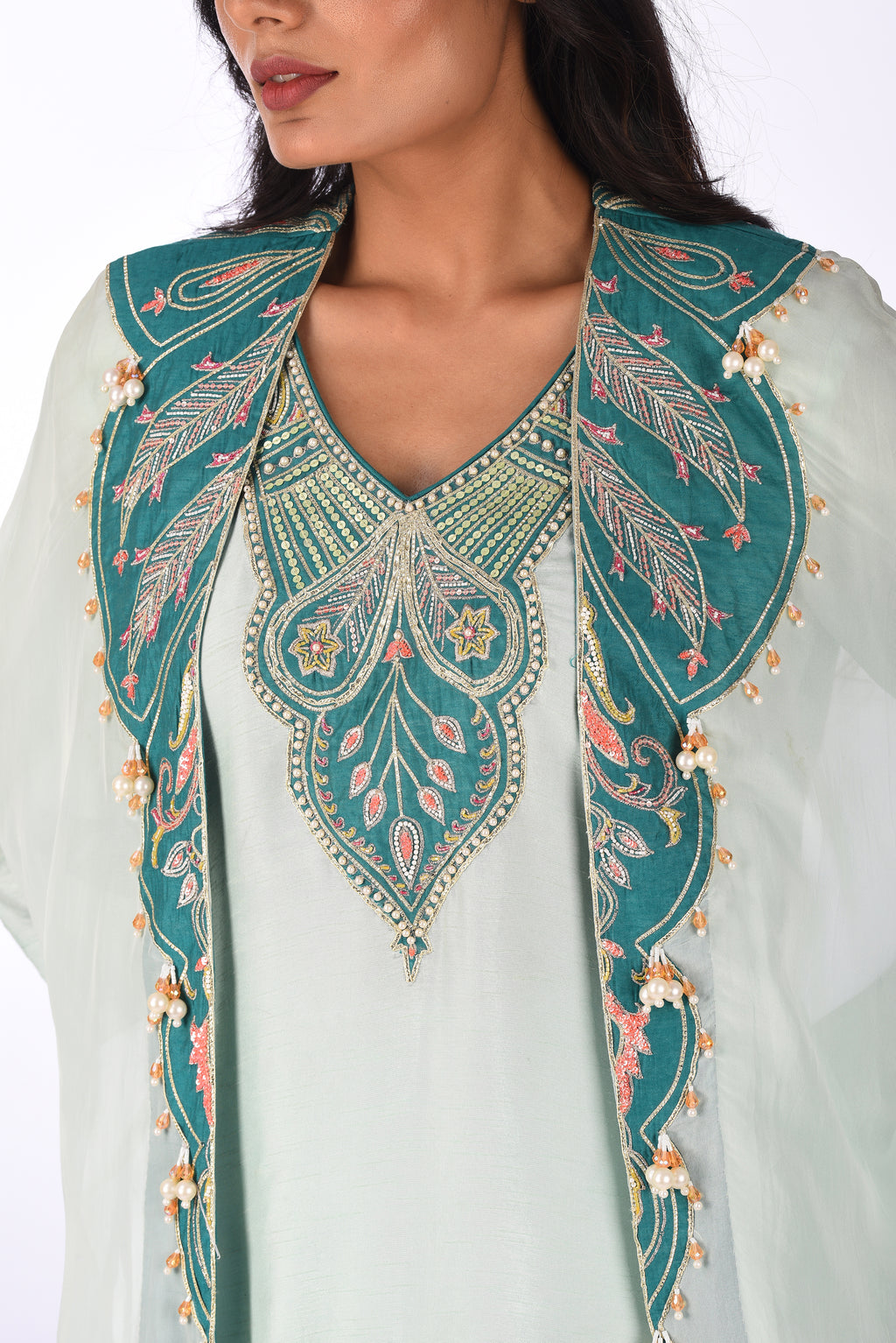 Aqua Blue Embroidered Jacket Kurta Palazzo Set