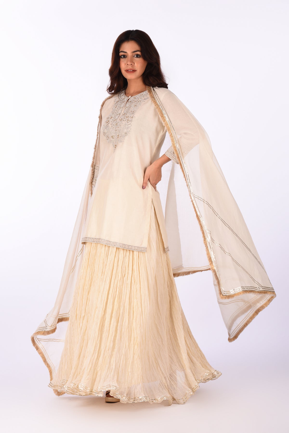 Ivory Embroidered Kurta Skirt Set with Dupatta