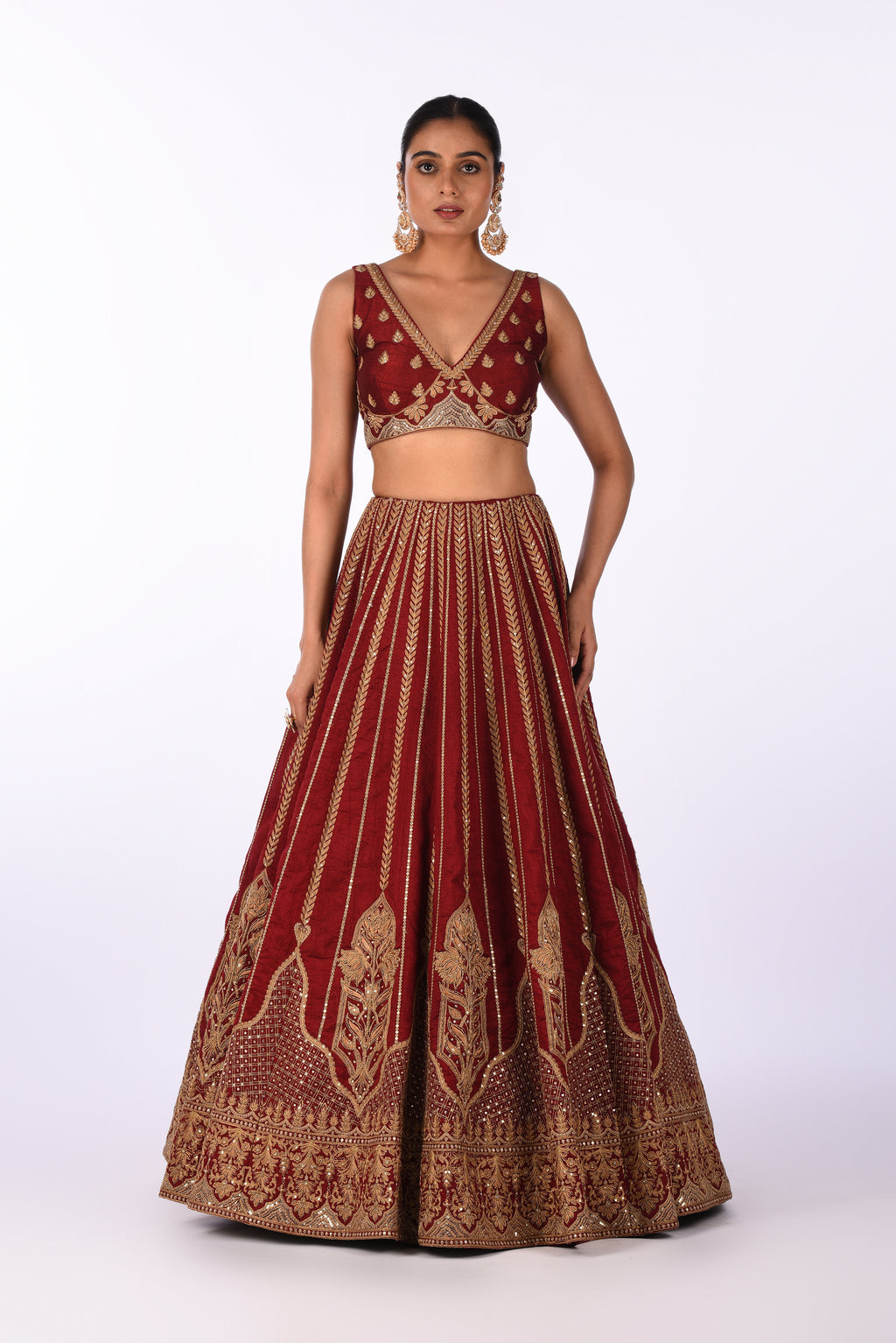 Maroon Velvet Embroidered Bridal Lehenga Set