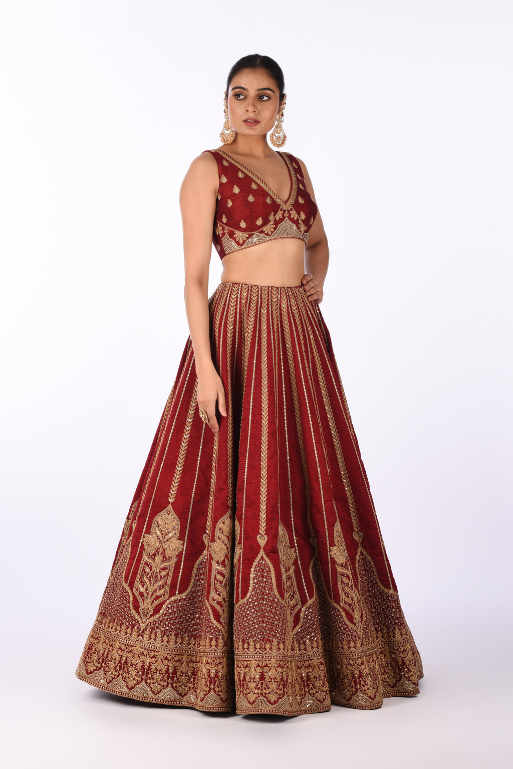 Maroon Velvet Embroidered Bridal Lehenga Set
