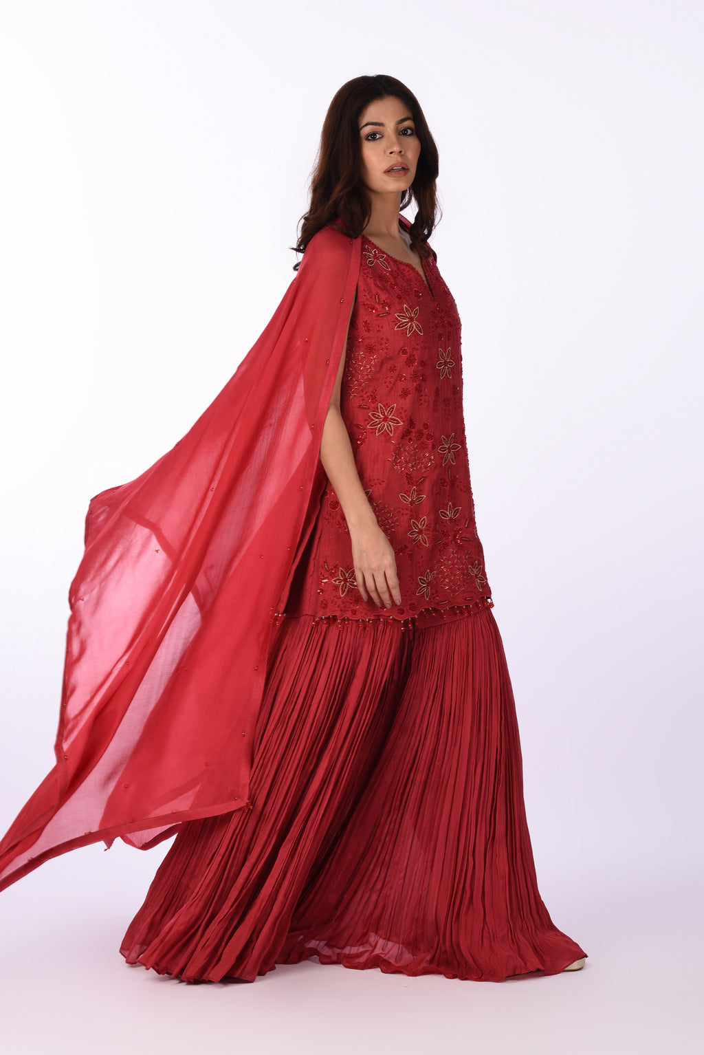 Embroidered Crimson Kurta with Sharara Pants