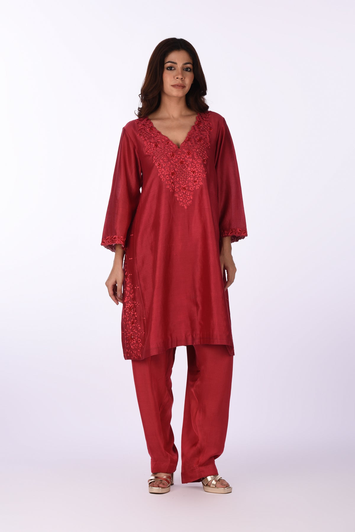 Cherry Red Straight Kurta Set with Tonal Embroidery