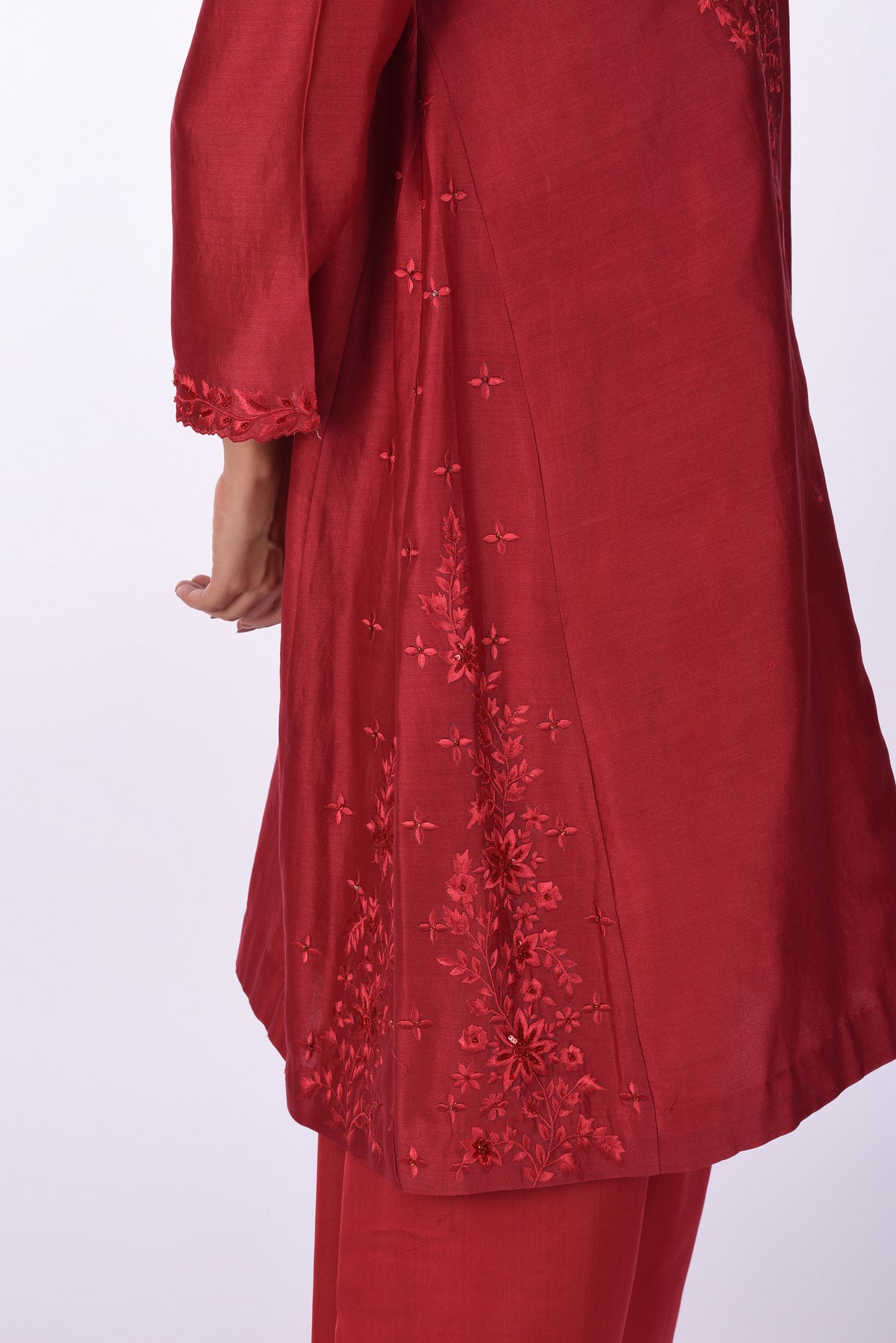 Cherry Red Straight Kurta Set with Tonal Embroidery