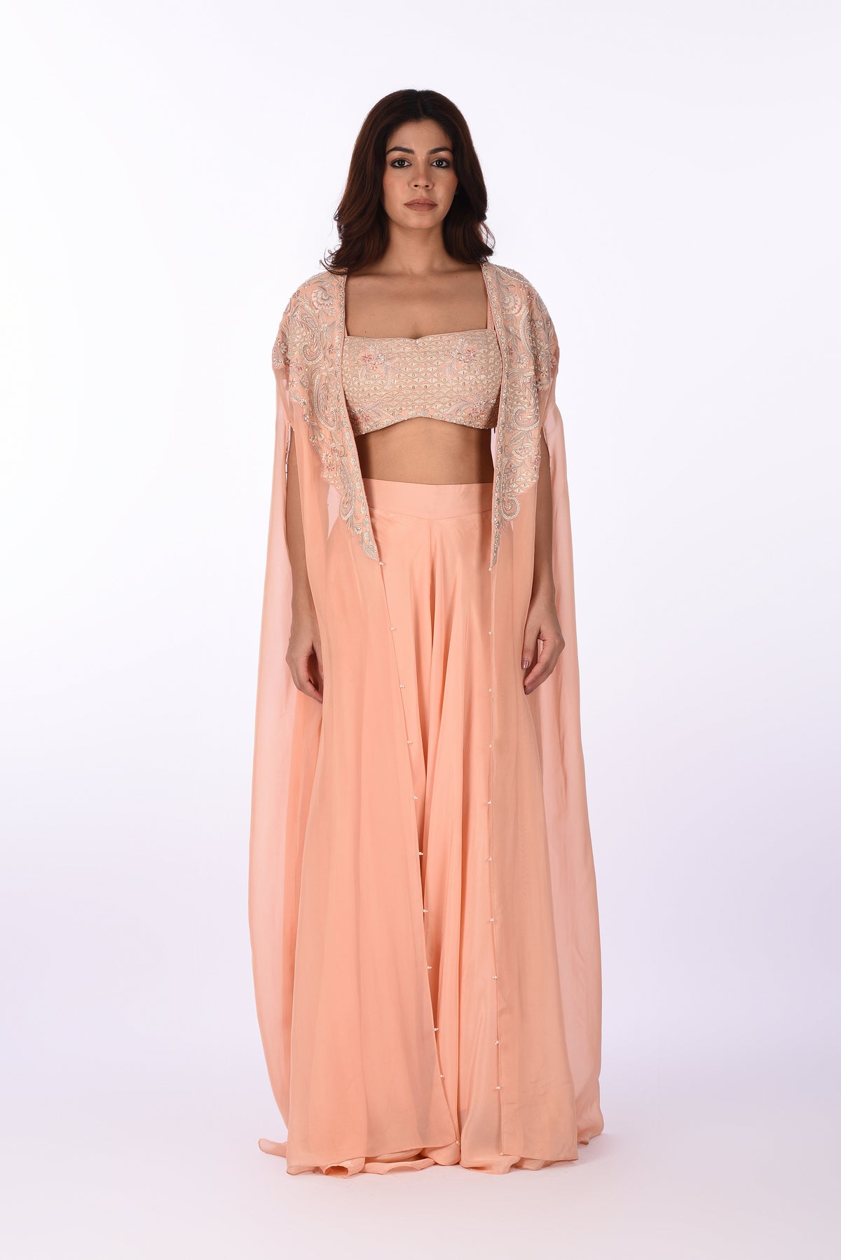 Peach Embellished Crop Top Skirt Set