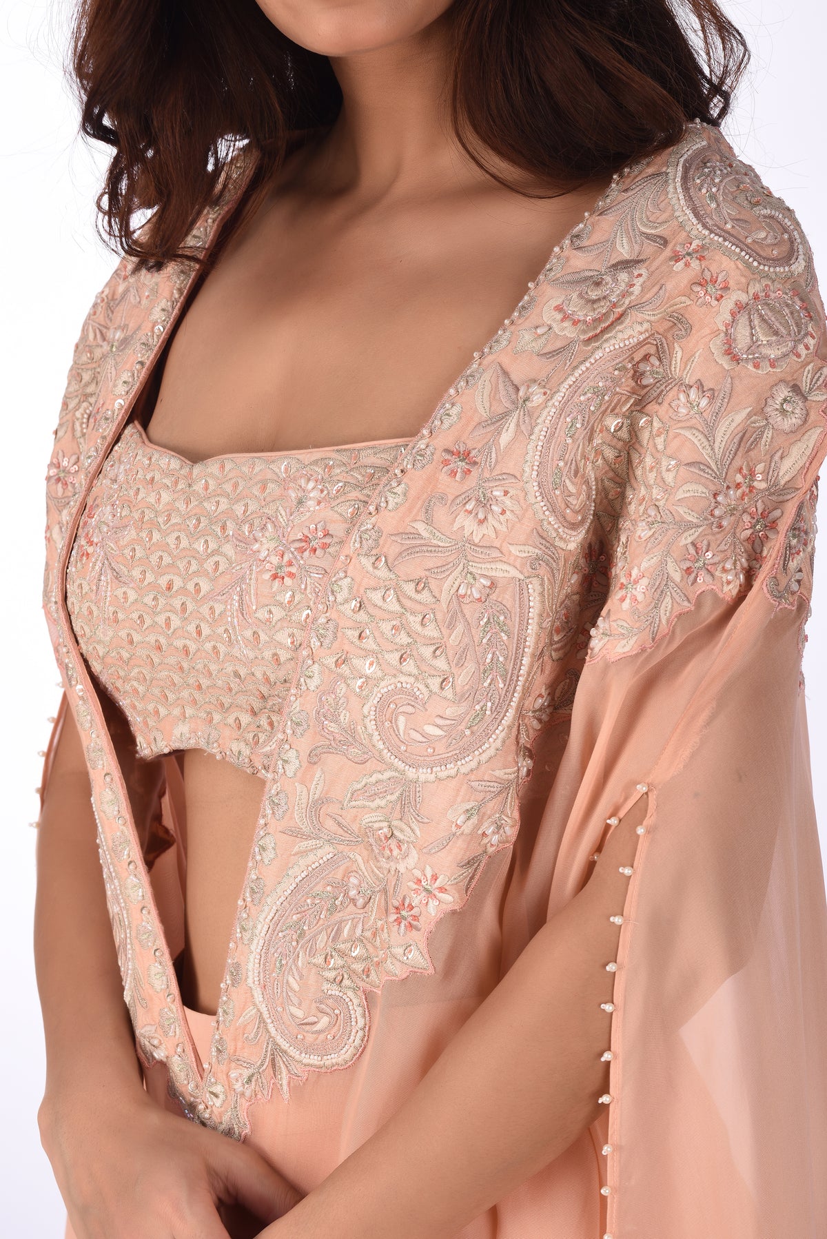 Peach Embellished Crop Top Skirt Set