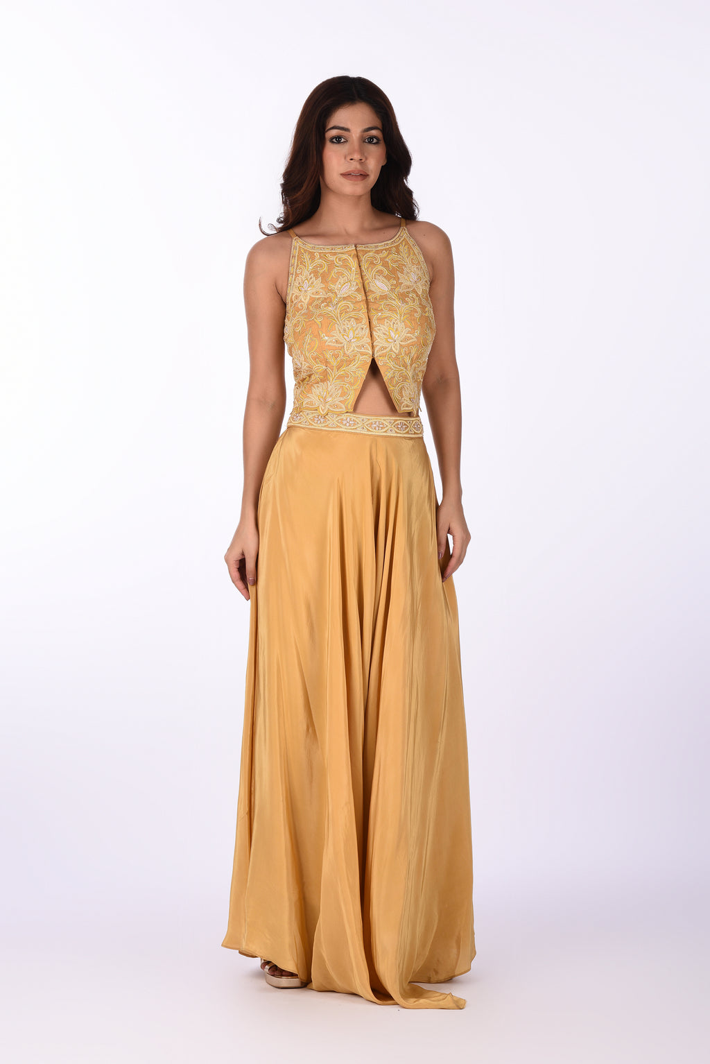 Mustard Yellow Embroidered Crop Top &  Palazzo Set
