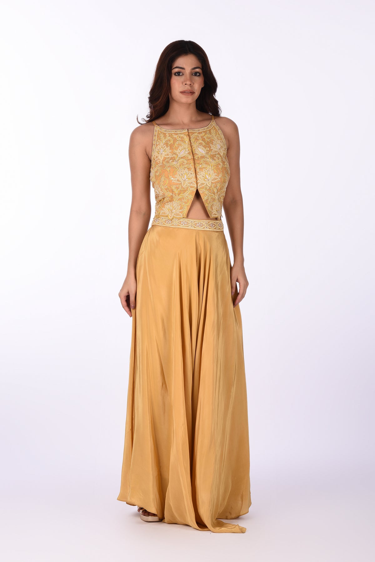 Mustard Yellow Embroidered Crop Top &  Palazzo Set