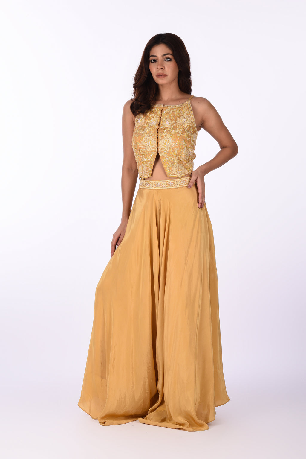 Mustard Yellow Embroidered Crop Top &  Palazzo Set