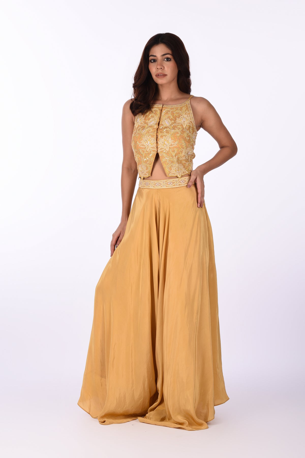 Mustard Yellow Embroidered Crop Top &  Palazzo Set