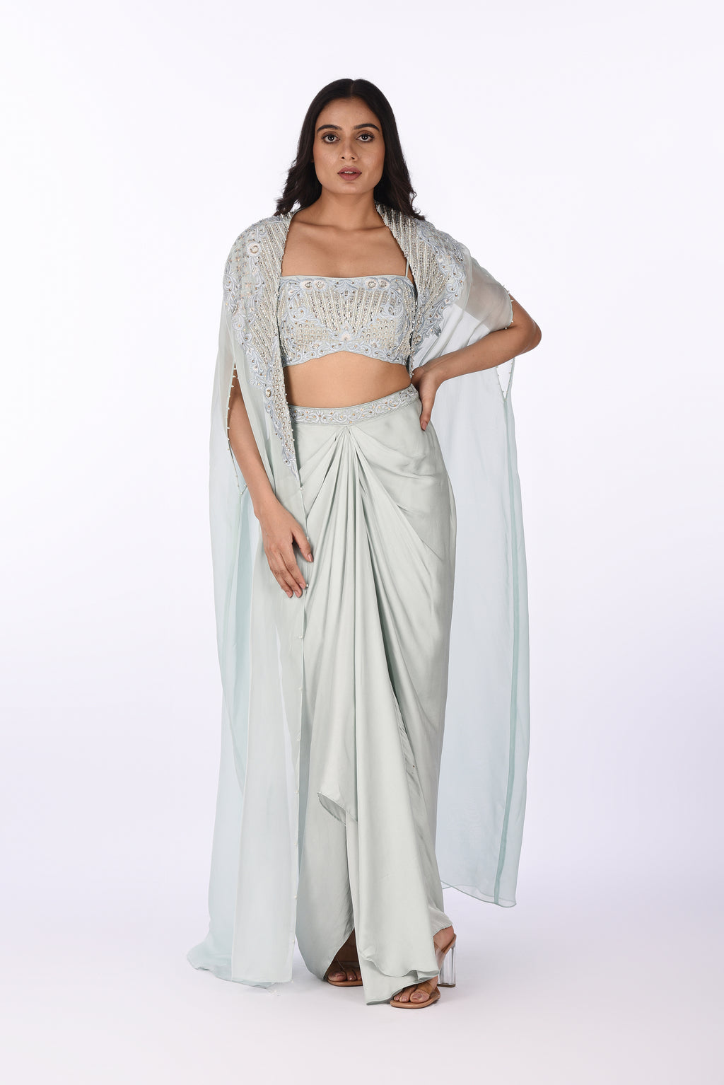 Icy Blue Cape Set with Draped Skirt
