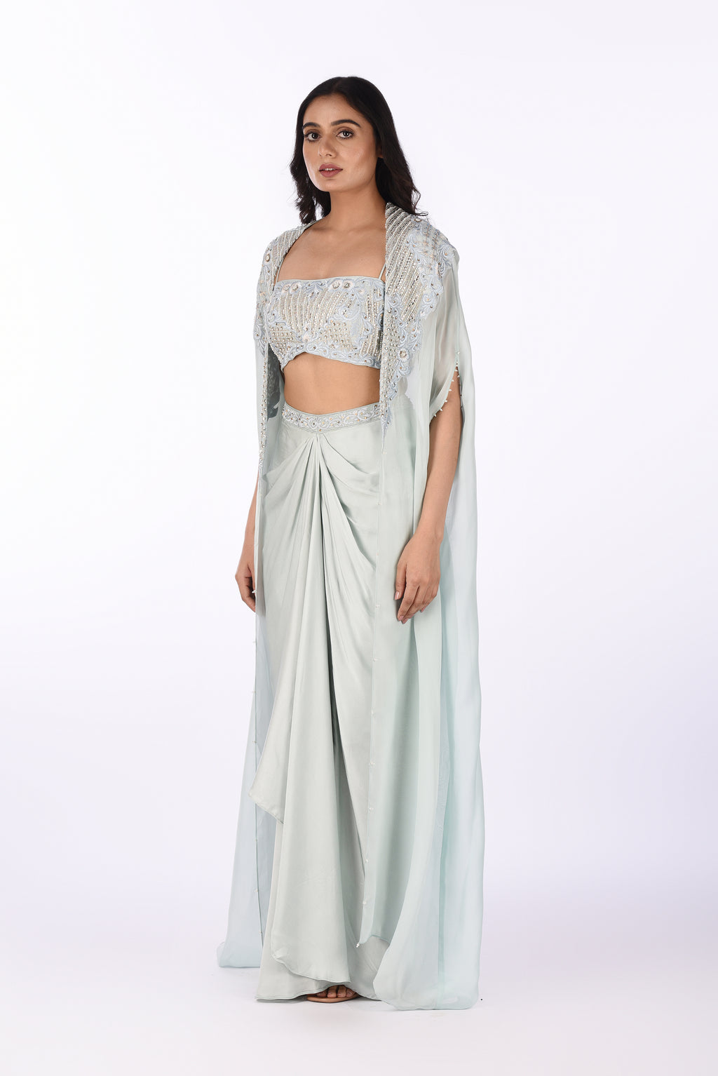 Icy Blue Cape Set with Draped Skirt