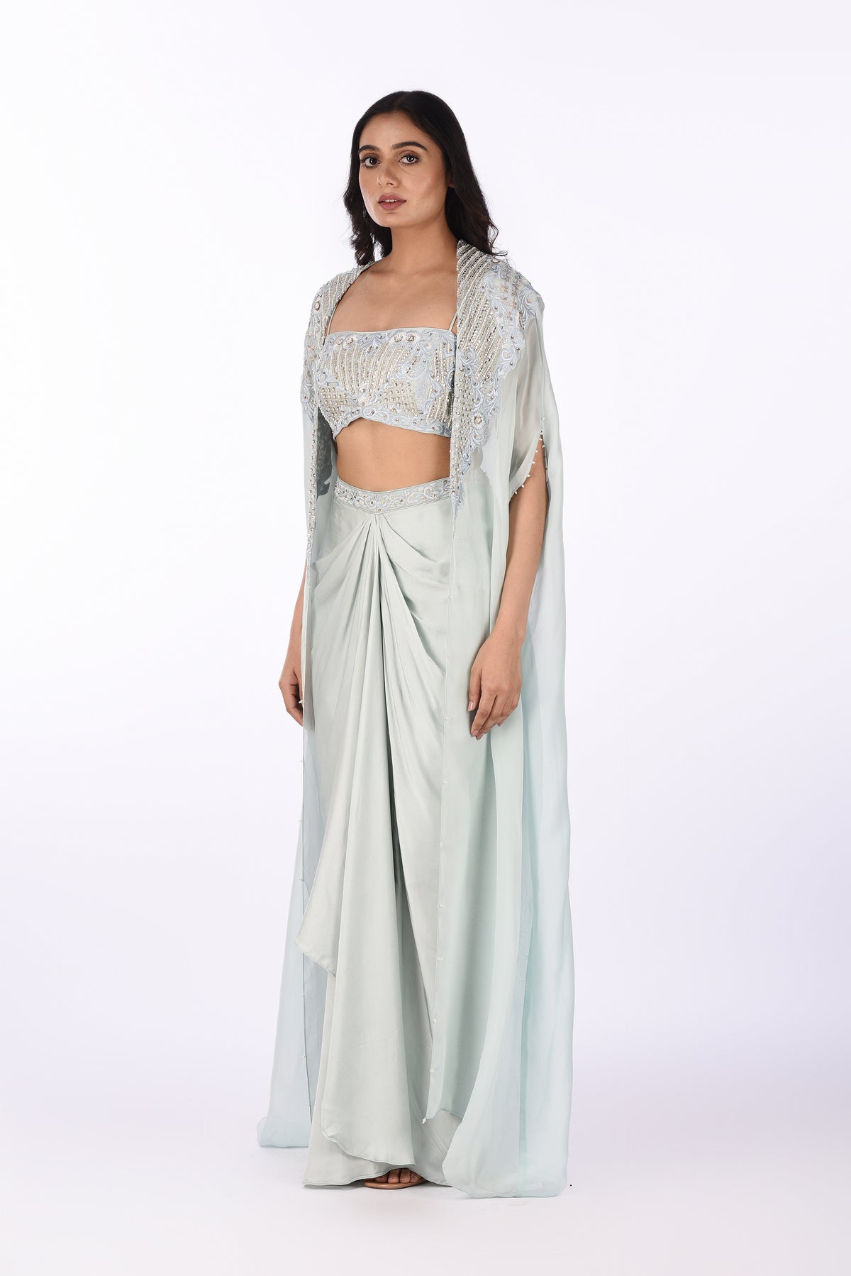 Icy Blue Cape Set with Draped Skirt