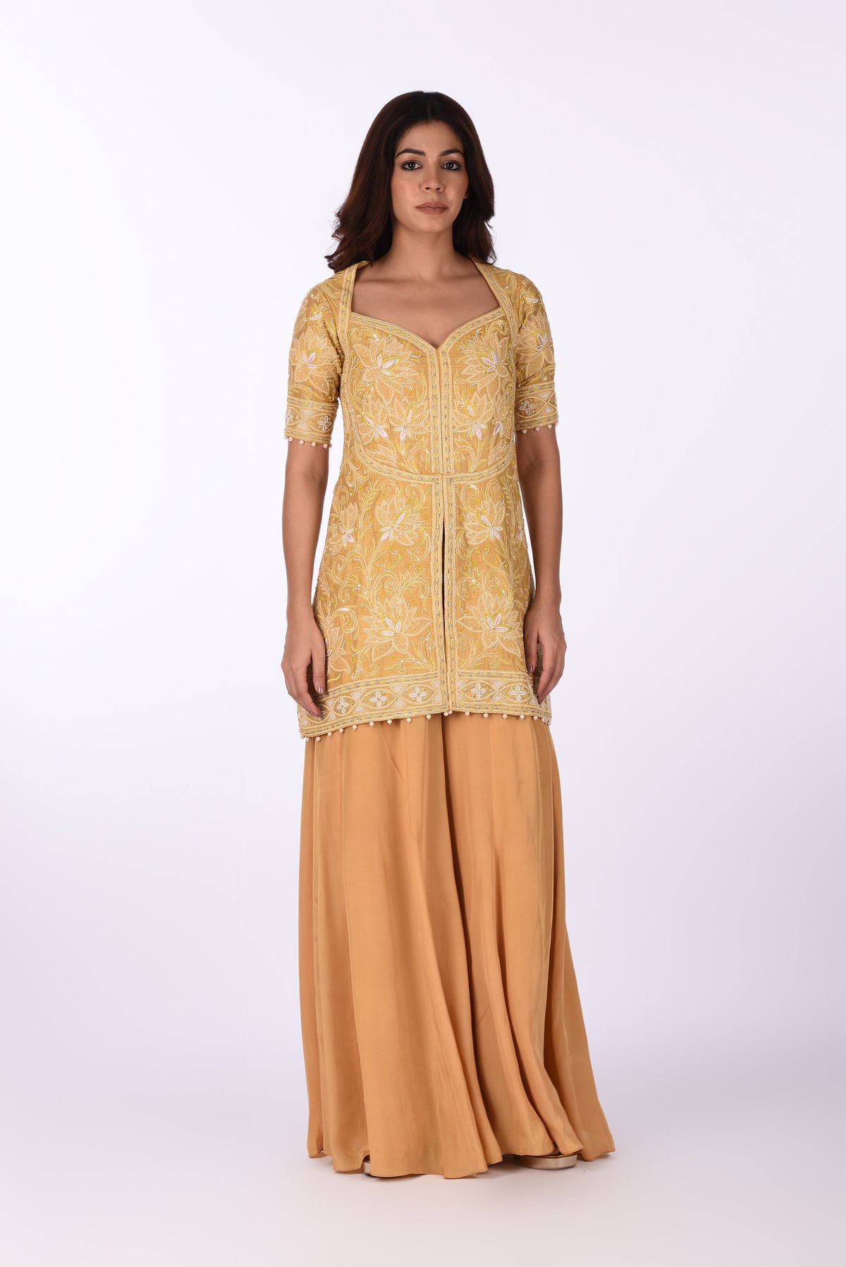 Mustard Embroidered Peplum Kurta Set with Dupatta