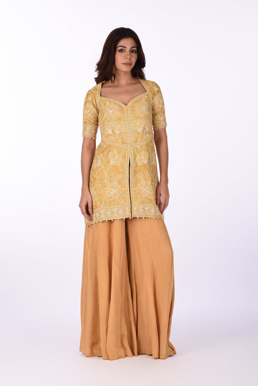 Mustard Embroidered Peplum Kurta Set with Dupatta
