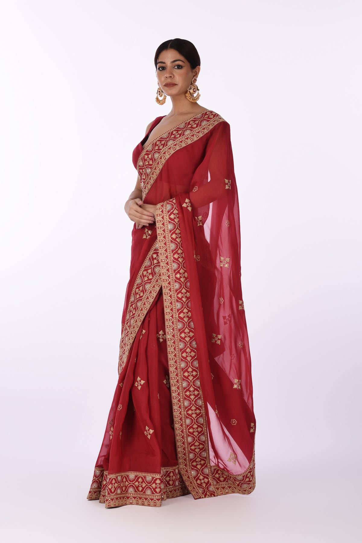 Maroon Organza Saree with Golden Embroidery & Broad Border