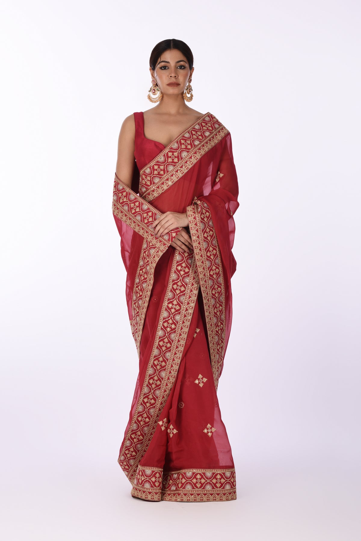 Maroon Organza Saree with Golden Embroidery & Broad Border