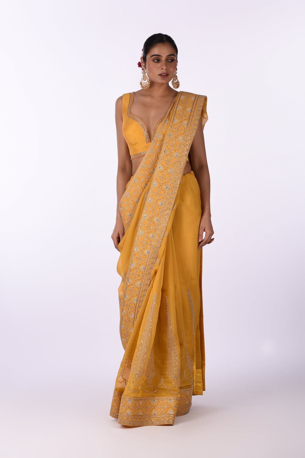 Mustard Yellow Georgette Saree with Silver Embroidered Borders