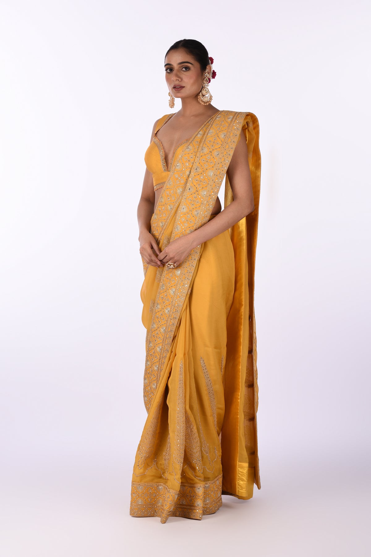 Mustard Yellow Georgette Saree with Silver Embroidered Borders