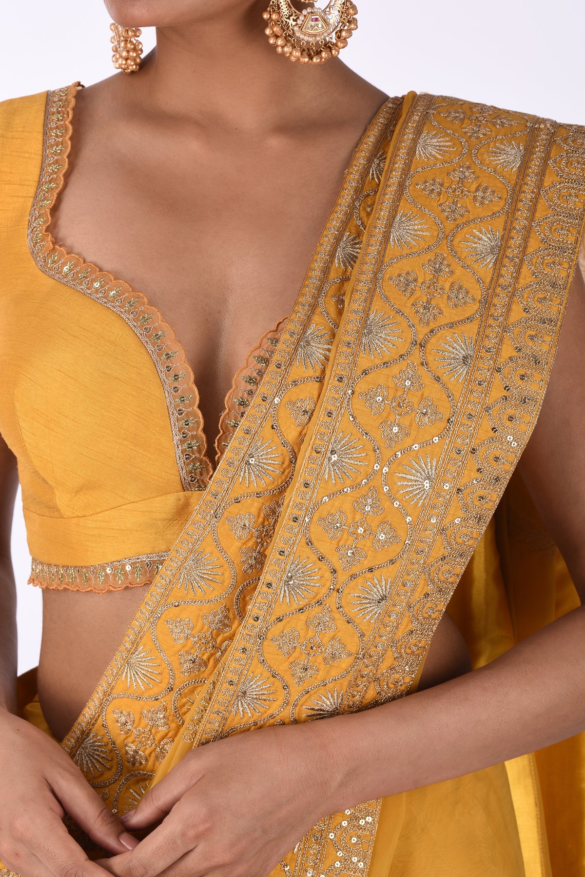 Mustard Yellow Georgette Saree with Silver Embroidered Borders