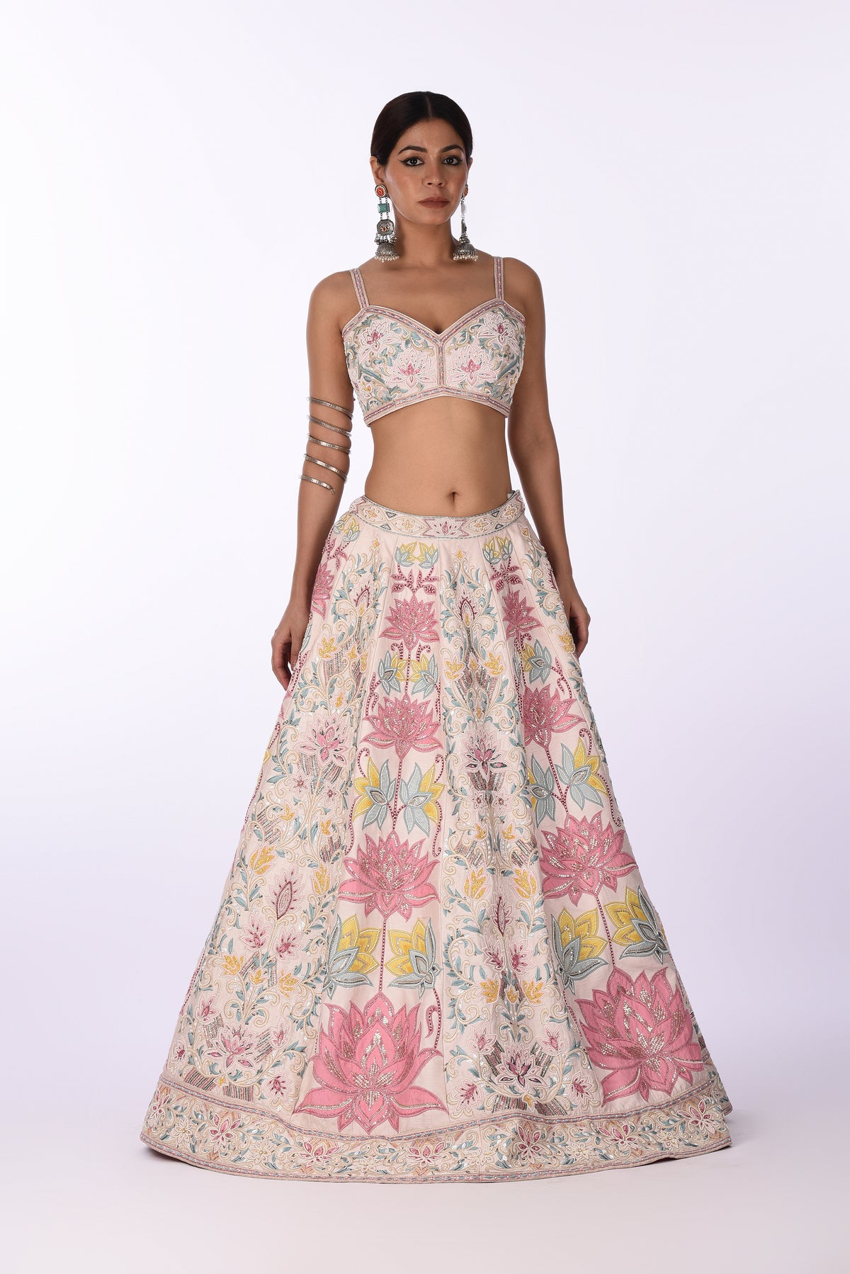 Ivory Pink Multicolor Lotus Embroidered Lehenga with Net Dupatta