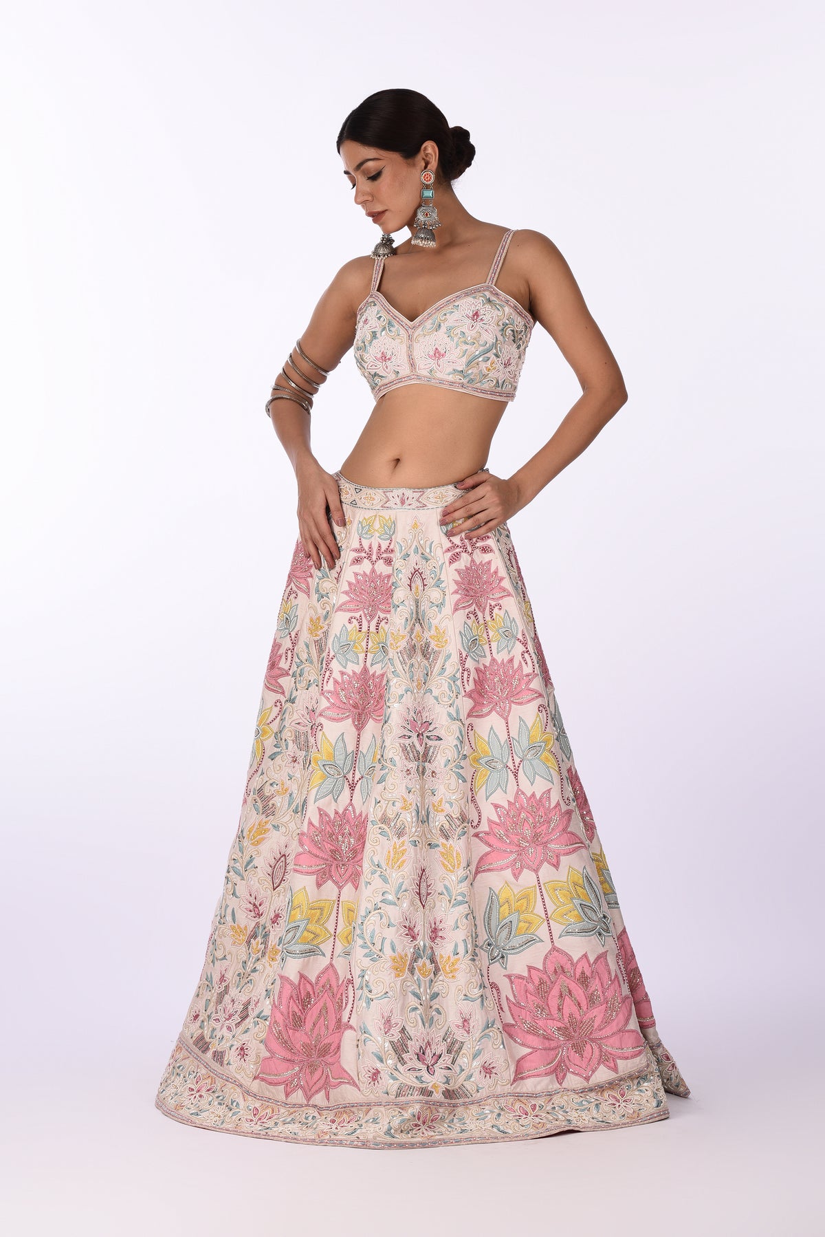 Ivory Pink Multicolor Lotus Embroidered Lehenga with Net Dupatta