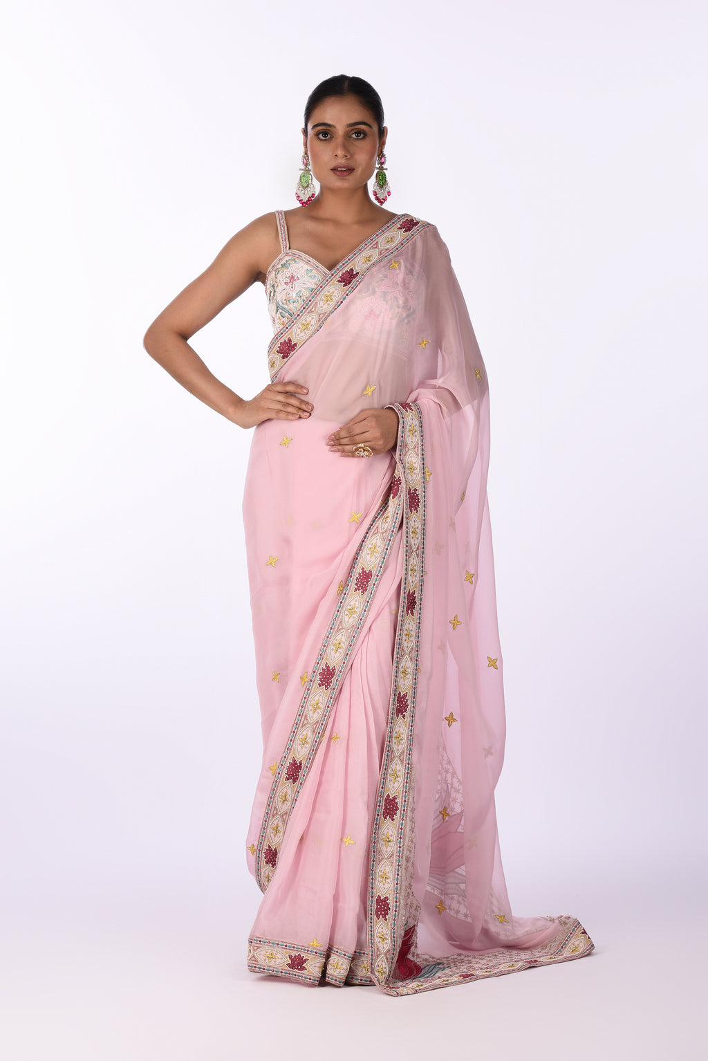Pastel Pink Embroidered Organza Saree