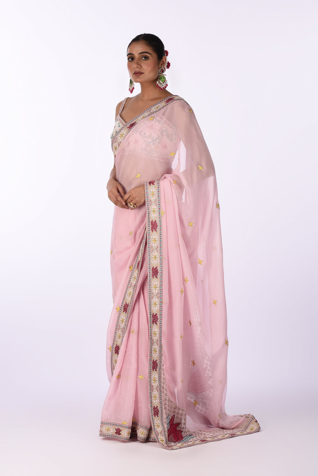 Pastel Pink Embroidered Organza Saree