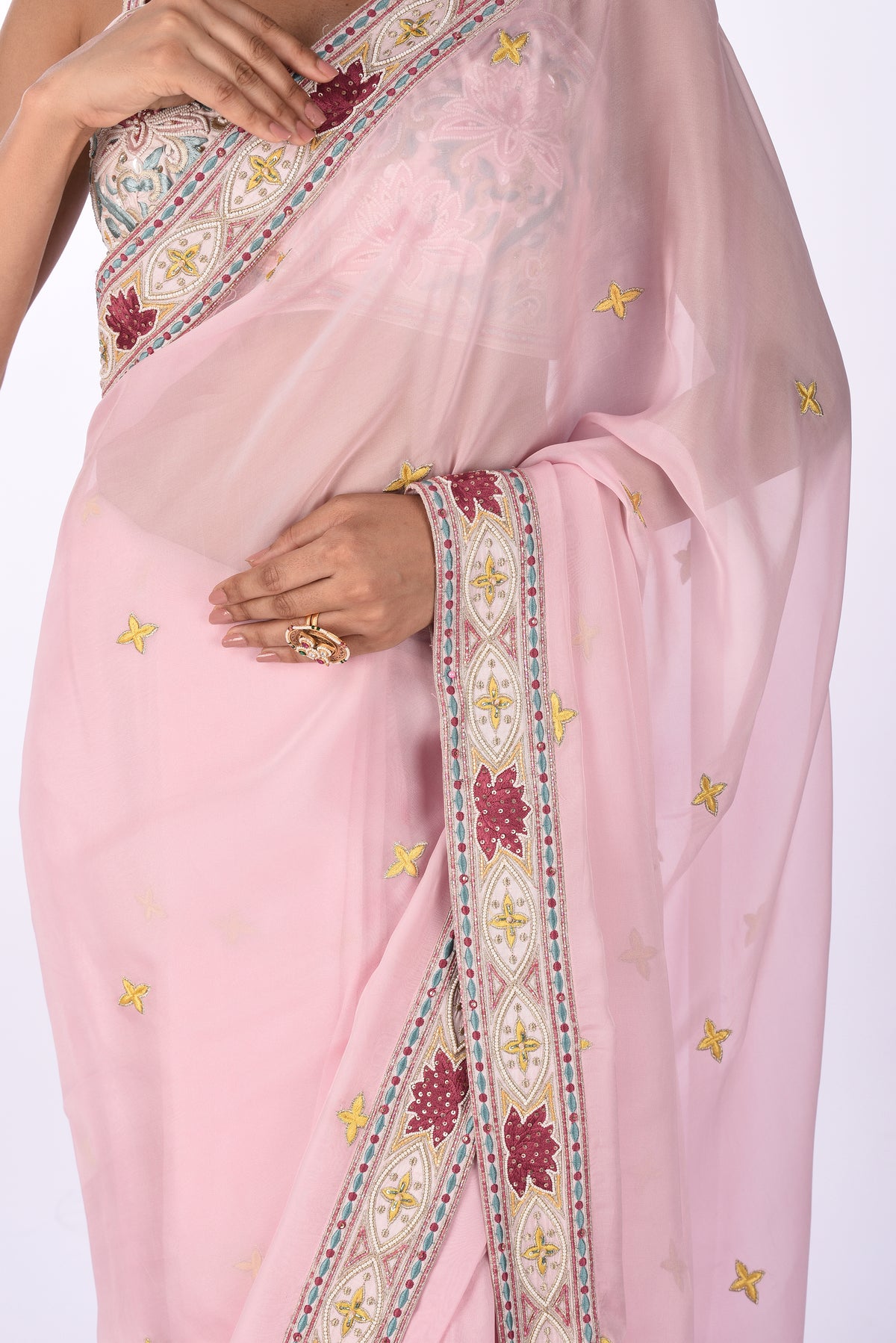 Pastel Pink Embroidered Organza Saree