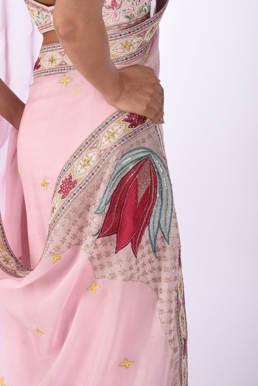 Pastel Pink Embroidered Organza Saree