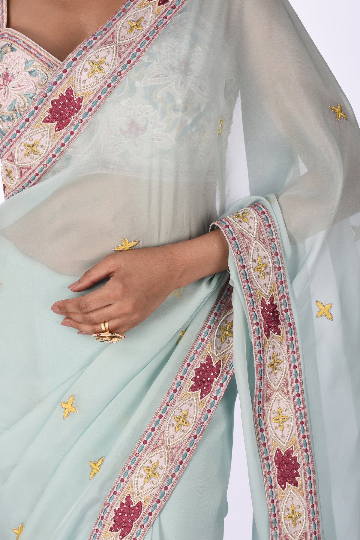 Sky Blue Embroidered Organza Saree