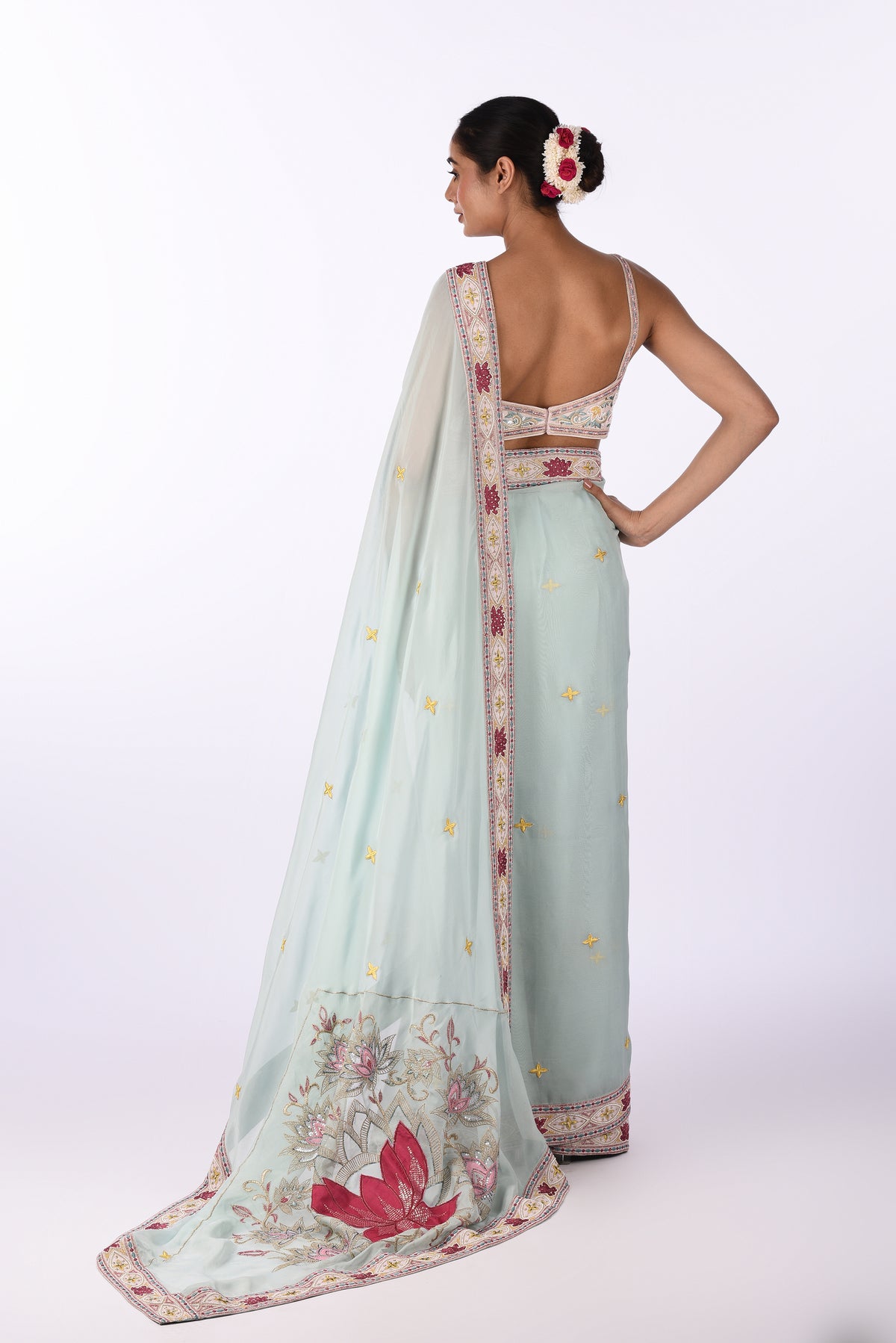 Sky Blue Embroidered Organza Saree
